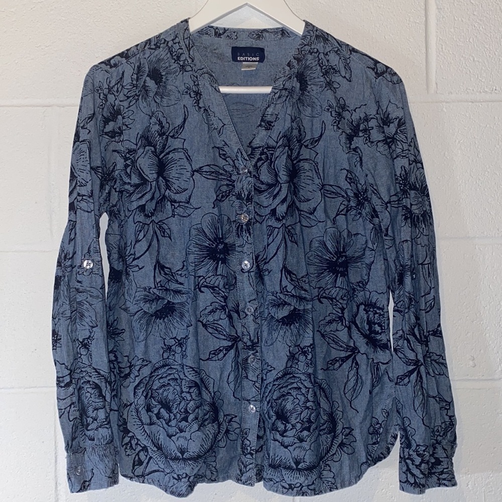 Blue Floral Button Down Top
